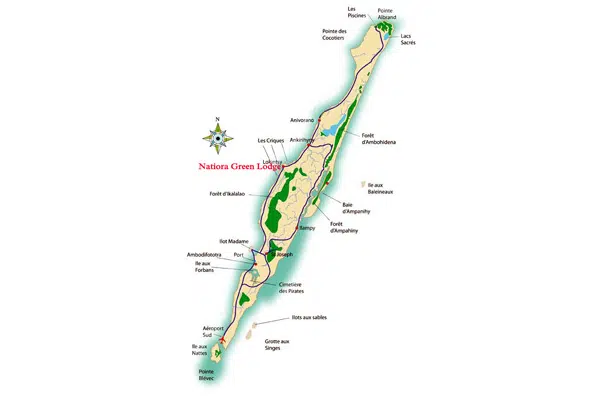 Carte détaillée de l'île Sainte-Marie, Madagascar, avec emplacement du Natiora Green Lodge.